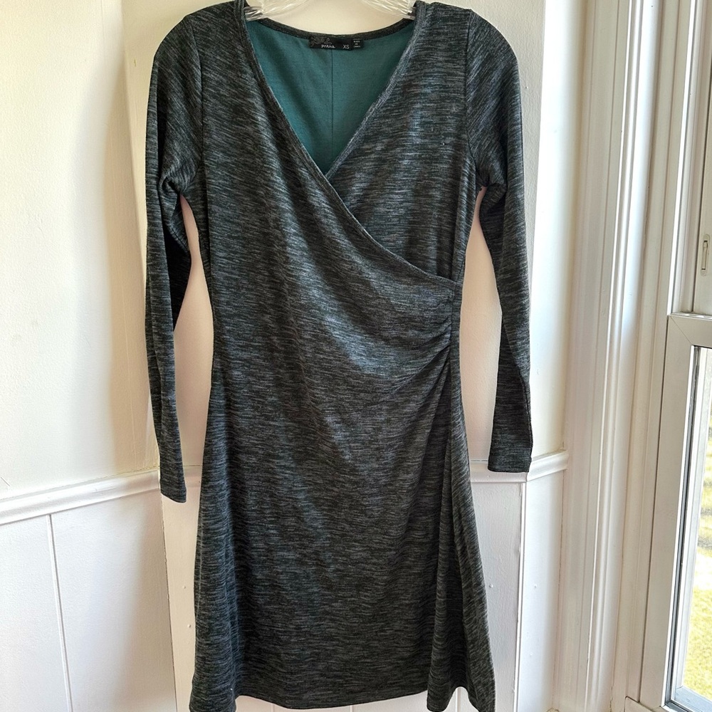 Prana Nadia Faux Wrap Dress Ruched Heather Gray Long Sleeve Dress XS